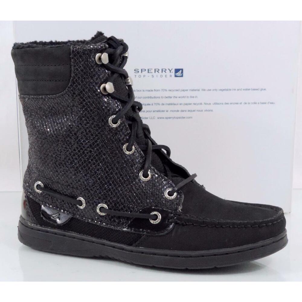 Sperry Top Sider Hiker Fish Boat Boots Lace Up Black Glitter Size 6